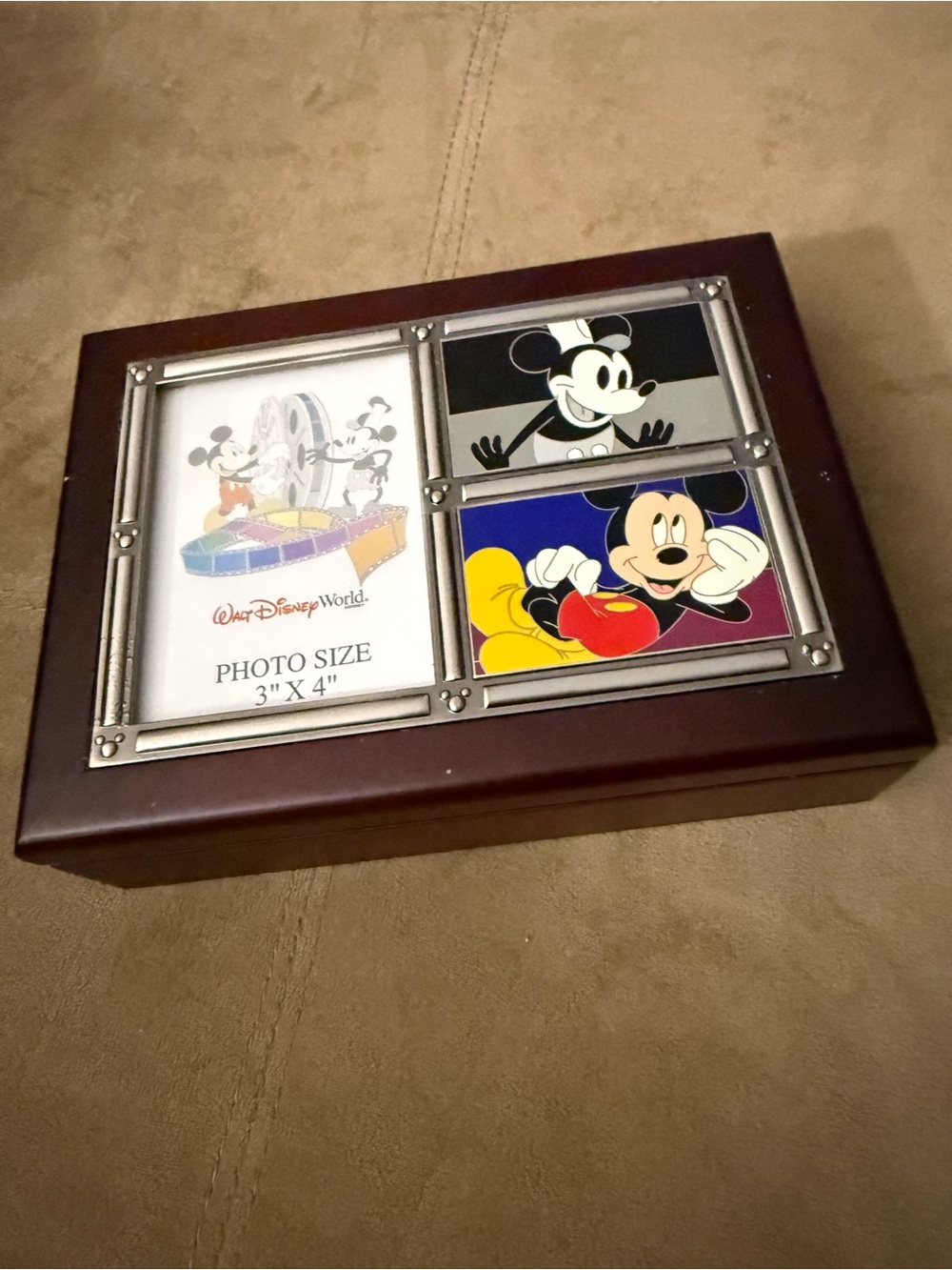 Disney Brown Wooden Jewelry Keepsake Box with Mickey Photo Frames